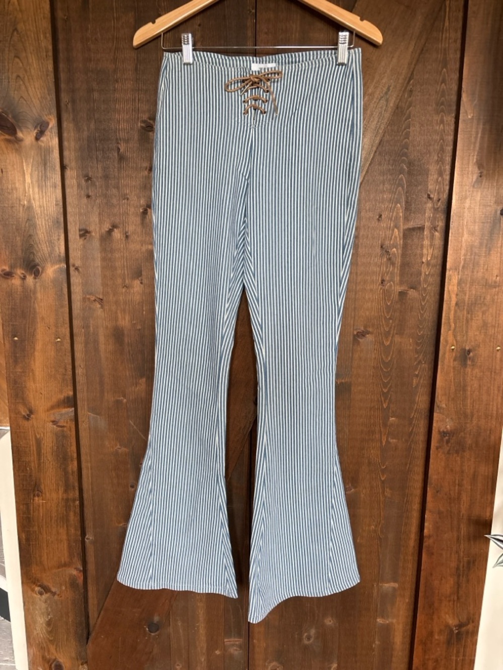 Forever 21 blue and white striped lace-up flare pants